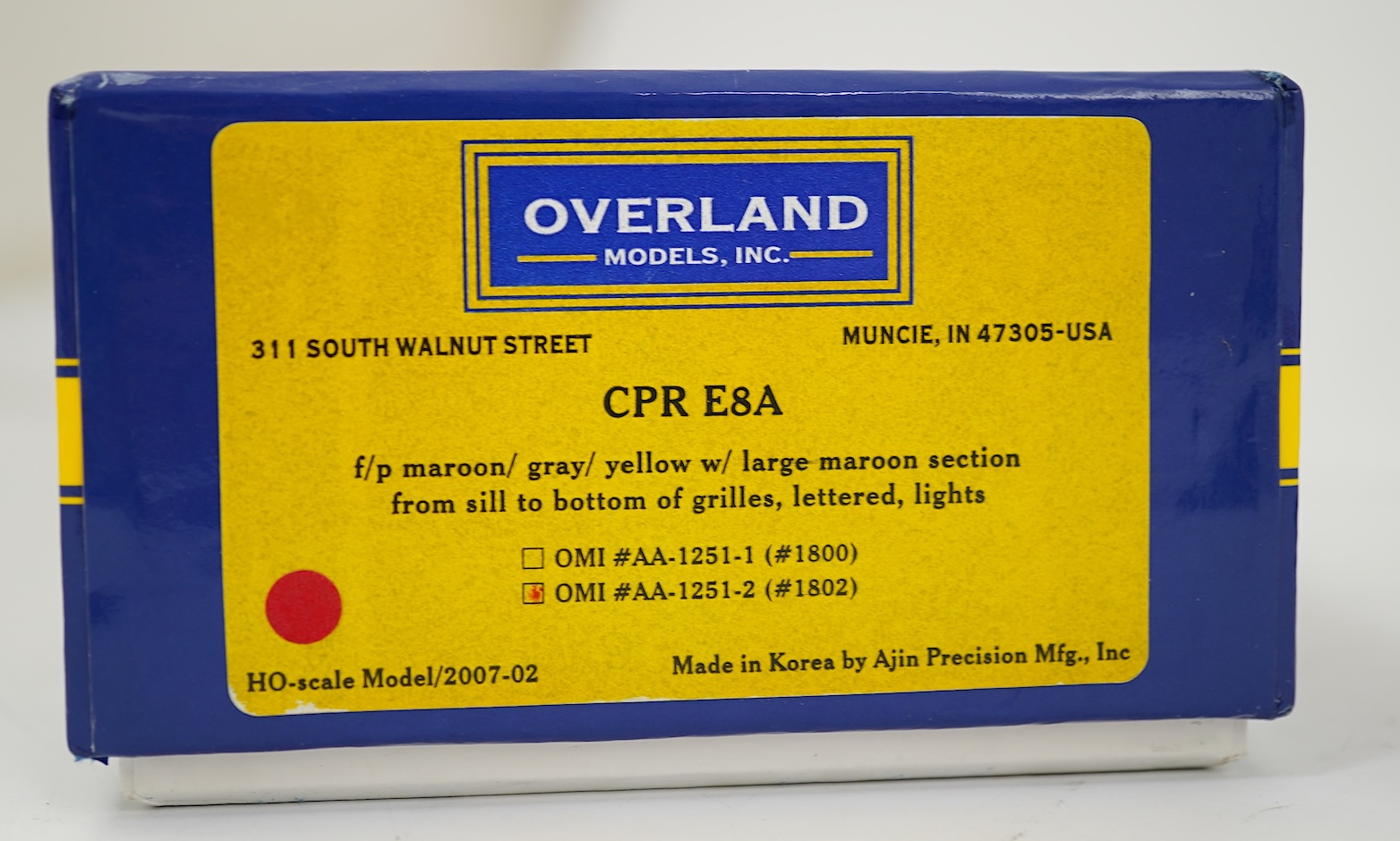 A boxed HO gauge Overland Models Inc. model of Canadian Pacific Railway E8A, 1802, Co-Co diesel locomotive, powered for two rail operation.